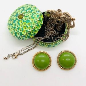 Vintage Green Earrings & Elephant Necklace in tiny trinket box
